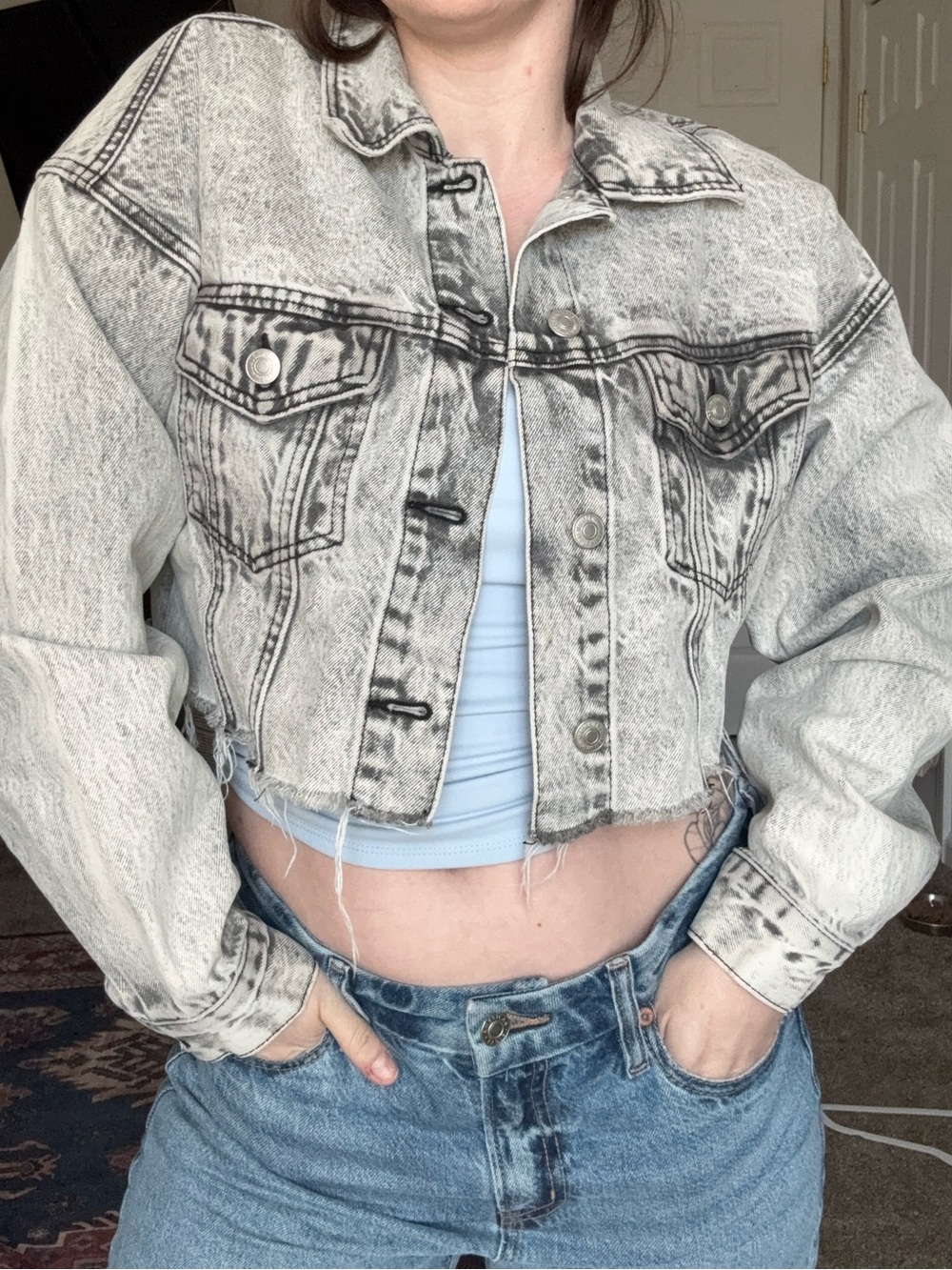 Forever 21 Cropped Acid-Wash Gray Denim Jacket